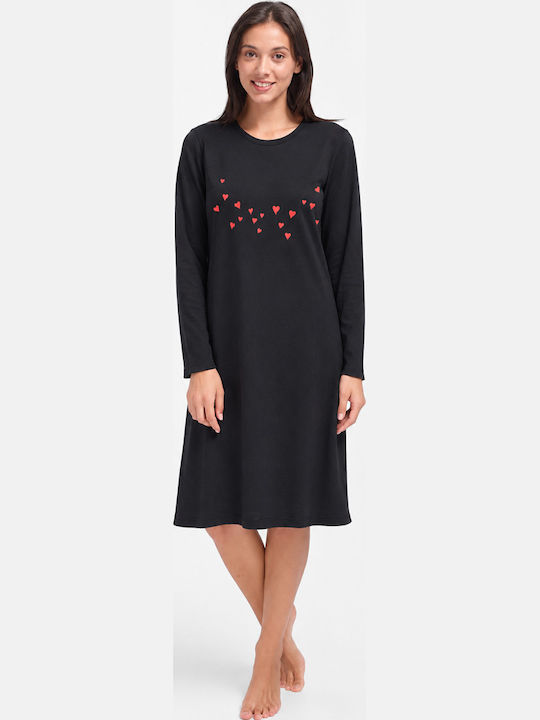 Cherry Winter Baumwollenes Damen Nachthemd Schwarz