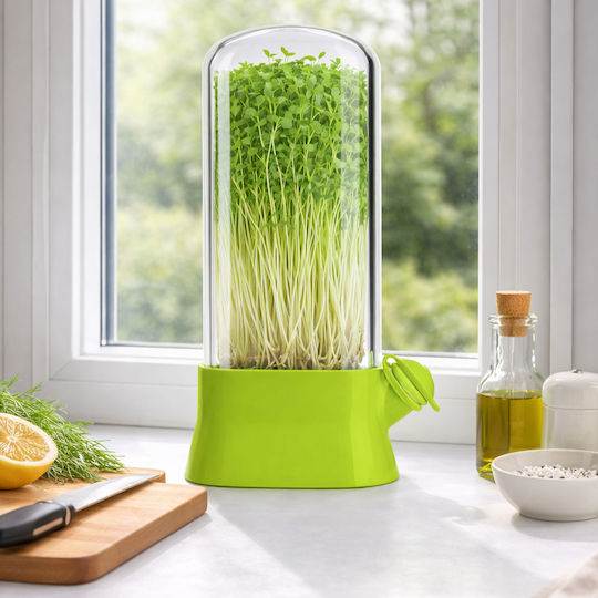 Sprouter Microgreens Capac Transparent Mini Seră pentru Cultivare Acasă Suport pentru Creștere Germeni Ierburi Aromatice Salate Proaspete Design Modern Ușor de Utilizat de Întreținut 27x13 Cm Verde PriStyle