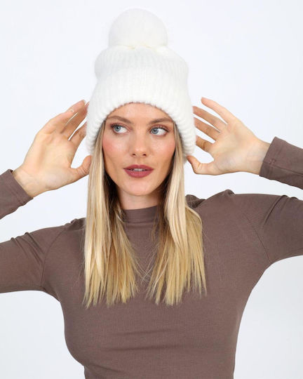 Pom Pom Beanie Unisex Strickmütze in Weiß Farbe