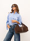 Long Sleeve Women's Denim Shirt Light Blue Striped