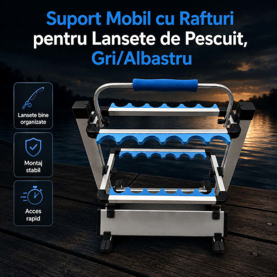 Mobile Rod Holder Shelves Fishing Rods Gray Blue