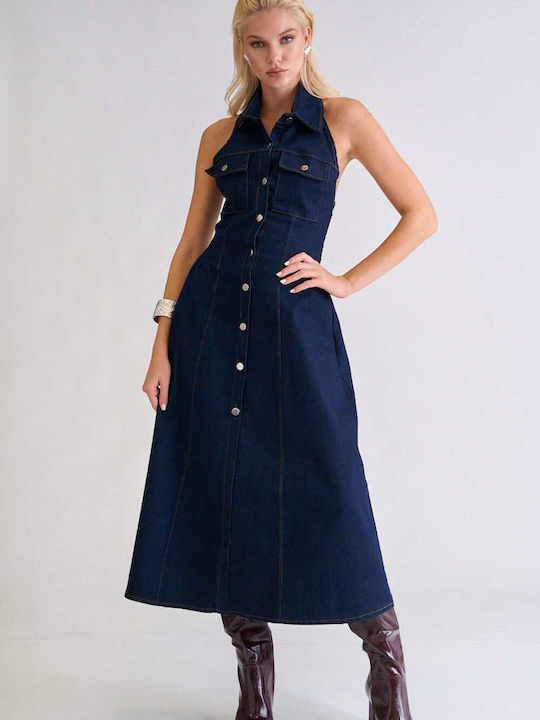 Summer Maxi Shirt Dress Denim Dark Blue