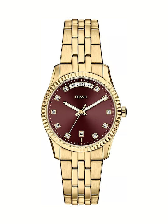 Scarlette Three Hand Date Womens Watch 34mm Battery With Gold/Burgundy Steel Bracelet
