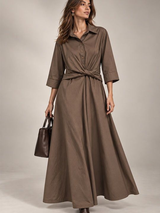 Maxi Shirt Dress with 3/4 Sleeve Wrap Brown Tobacco