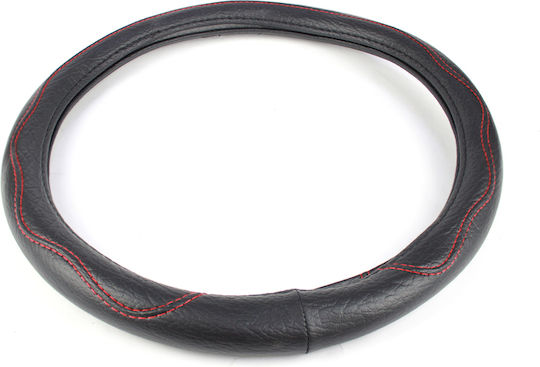 Slip-on Steering Wheel Cover Eco Leather Black Smooth Red Stitching 38cm
