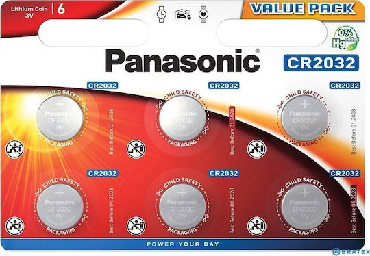 Panasonic Μπαταρίες Λιθίου Ρολογιών CR2032 3V 6τμχ