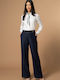 Lidya Women's High Rise Fabric Trousers in Wide Leg Style Navy Blue