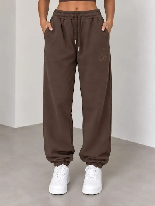 High Waist Sweatpants Wide Fleece Brown