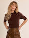 Women's Turtleneck Blouse with 3/4 Sleeve Brown