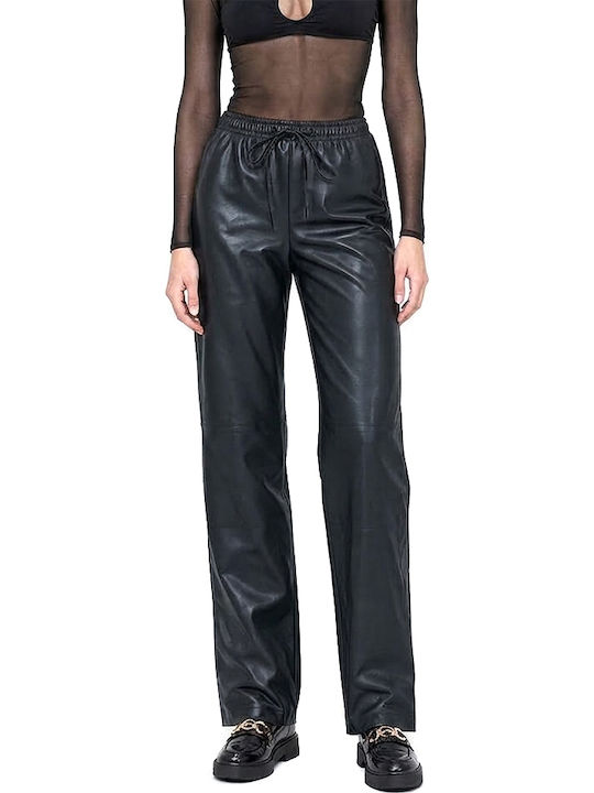 MY T Damen Hochbund Leder Hose mit Gummiband Schwarz