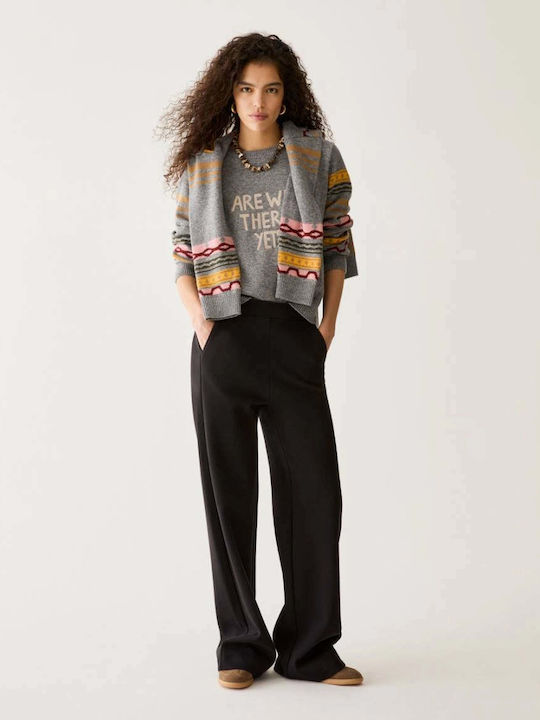 Women's Fabric Trousers with Rubber Band in Straight Leg Style Black