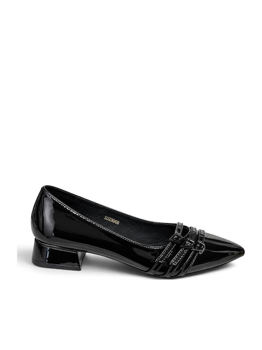 Spitze Zehe Pumps aus Lackleder mit niedrigem Absatz Schwarz