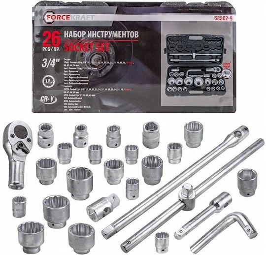 Forcekraft Ratchet with Sockets 3/4" & 1" 26 Pieces