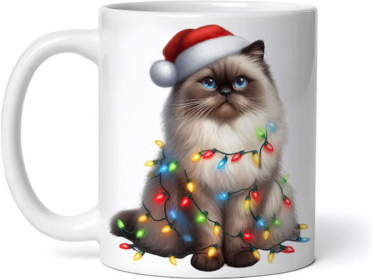 Himalayan Christmas Cat Χριστουγεννιάτικη Κούπα Κεραμική Λευκή 330ml (με Προσωποποίηση)