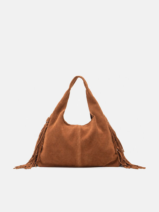 Fabric Women's Suede Shoulder Bag With Brown Fringes