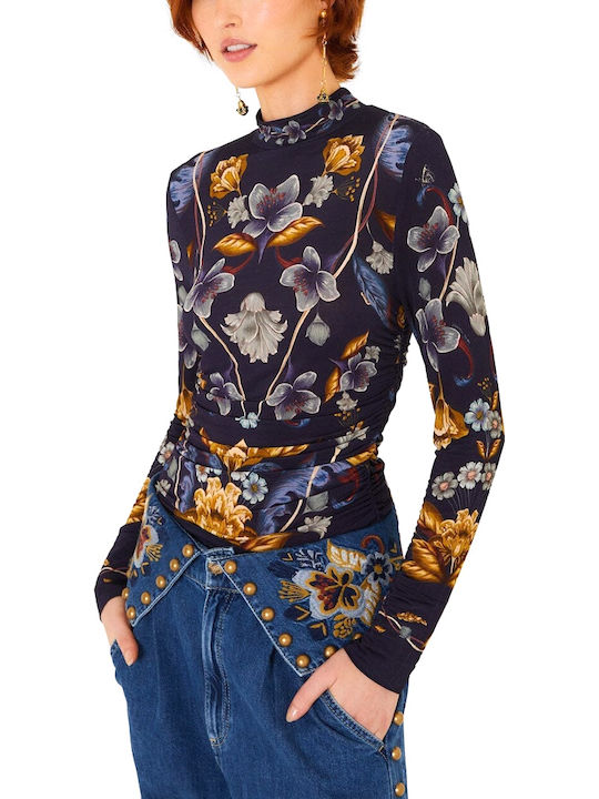 Women's Long Sleeve Floral Brown-Blue-Burgundy Blouse
