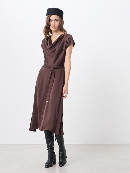 Summer Midi Satin Drape Brown Dress