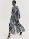 Summer Maxi Shirt Dress with Ruffles Light Blue Botanical Print