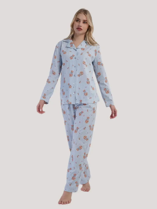 Vienetta Secret Summer Women's Cotton Light Blue Pyjama Set