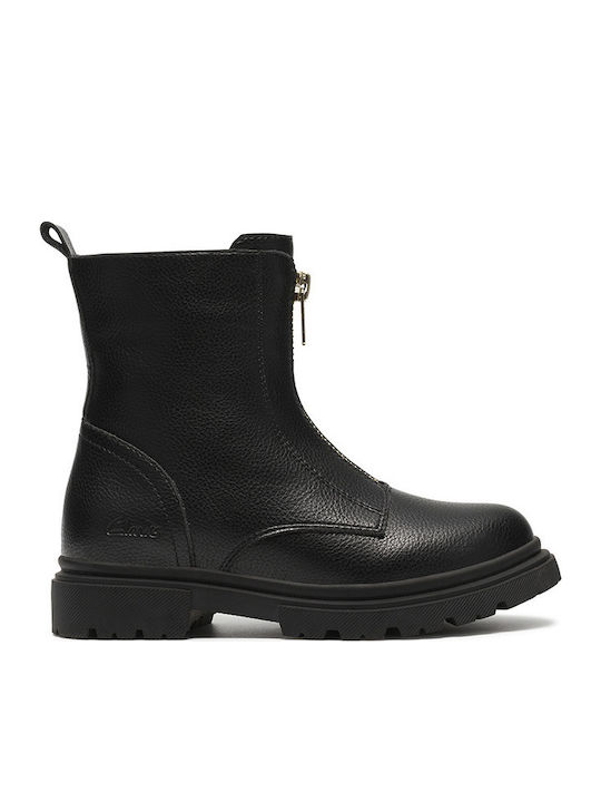 Zariah Zip K. Leather Kids Ankle Boots with Zipper Black