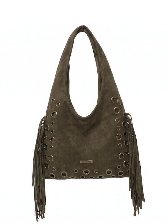 Knitted Women's Hobo Bag Suede with Fringes Khaki