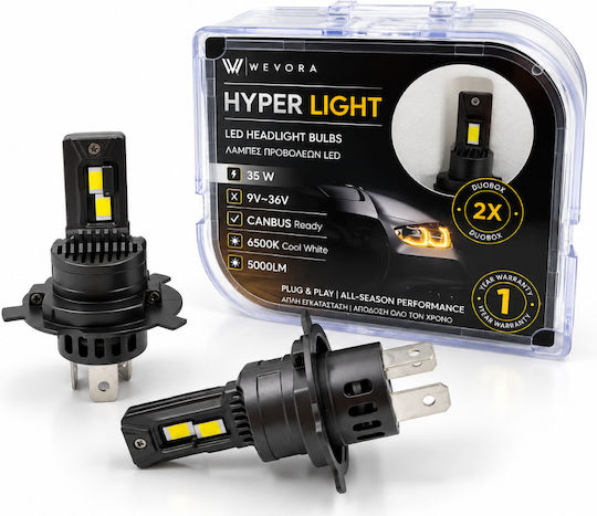 Wevora Autolampen H4 Canbus LED 6500K Kaltes Weiß 35W 2 Stück