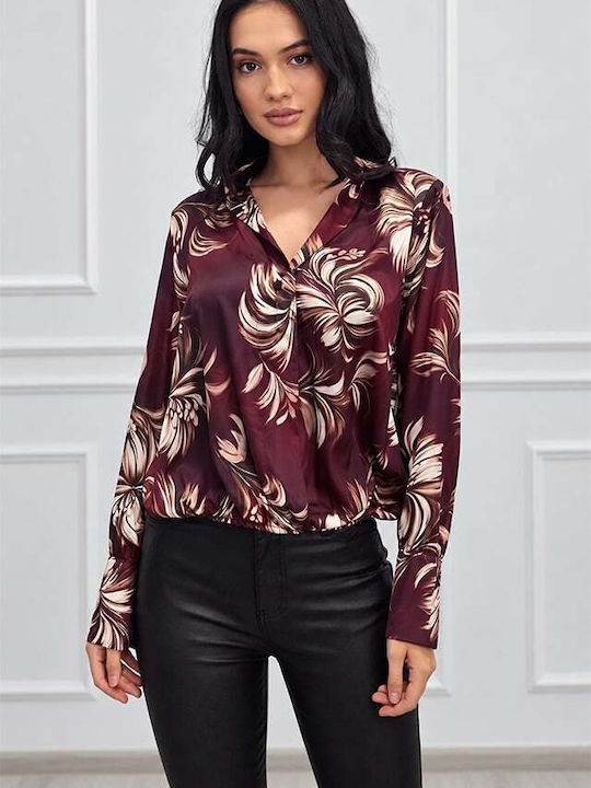 Cămașă De Damă Din Piele Cu Mânecă Lungă Burgundy