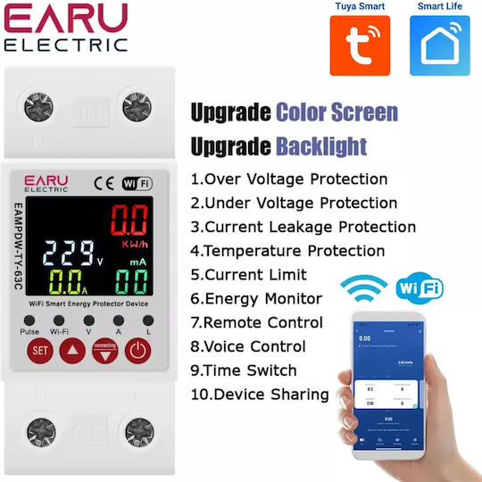 Earu Kilowatt-Zähler Elektrische Messgeräte Schiene Einphasig Wi-Fi Tuya