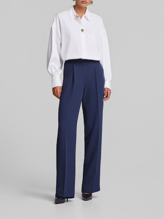 Women's High Rise Crepe Trousers in Loose Fit Blue
