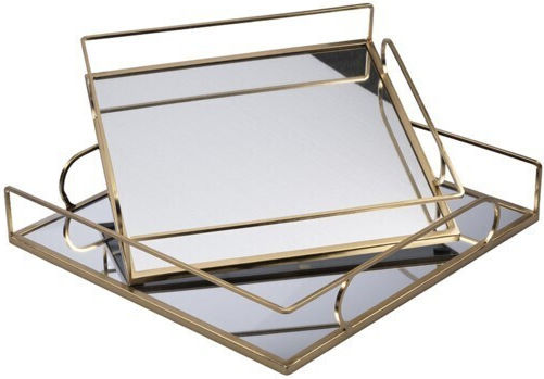 Dekorative Metallische Rechteckige Tablett mit Spiegel 35x35x6cm 2 Stück