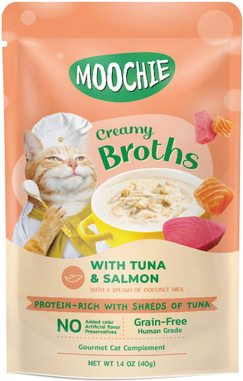 Moochie Nasses Katzenfutter für Junior-Katzen mit Thunfisch, Lachs, Milch und Kokosnuss 40g
