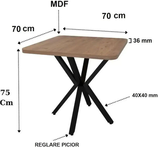 Masă Pătrată de Bucătărie din Lemn cu Cadru Metalic 70x70x75cm