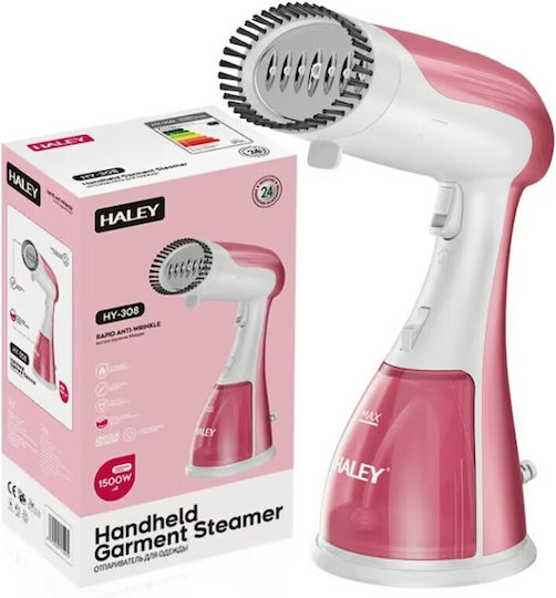 Haley Ατμοκαθαριστής Ρούχων Χειρός 1500W με Δοχείο 300ml Ροζ