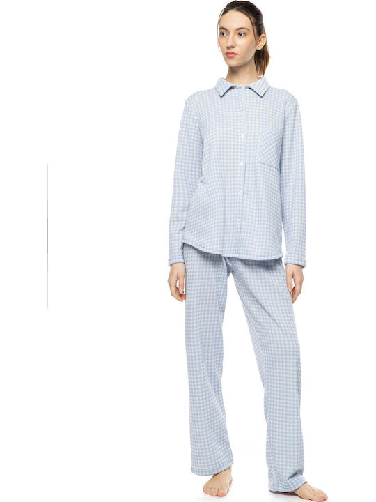 Pink Label Sommer Damen Schlafanzug Hosen Blue Cloud Plaid