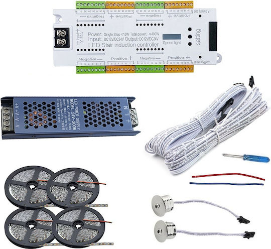Kit Inteligent Iluminare Scări Până La 32 De Trepte Senzori De Mișcare Bandă Led Alimentare Alb Natural