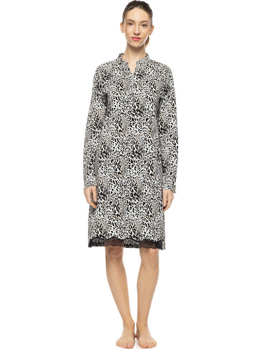 Pink Label Winter Women's Nightgown Ivory Leopard