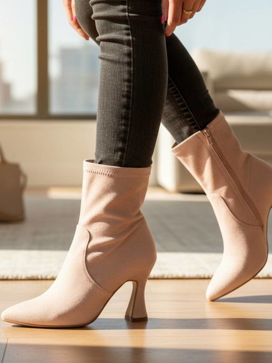 Wildleder Damen Stiefeletten mit Hohem Absatz Beiges