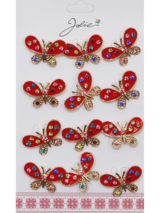 Set 12 Pinuri Martisor De Primăvară Jolie Model Fluture Pietre Roșu-Auriu