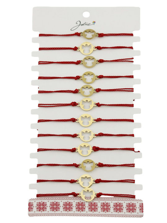 Martisor Bracelet Women Jolie Angel Design Set 12 Pieces Gold Stainless Steel Pendant Adjustable Braided Cord Red