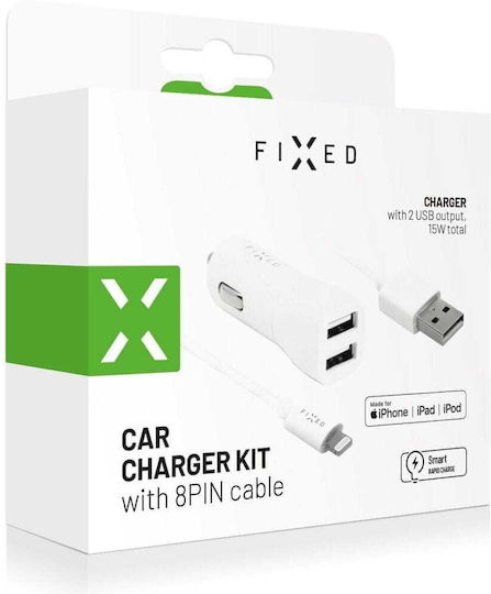 Fixed Fixed Autoladegerät 15W 3.1A mit 2xUSB-A Anschlüssen zusammen mit Lightning Kabel Weiß Farbe