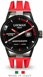 Locman Italy Montecristo Pvd Black 44mm Movement S.I.O 1 Three Hands Automatic Dial Sunray Black Strap Red Silicone