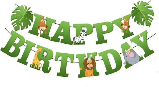 Banner Happy Birthday 100x200 Cm Flippy Role De Ață Inclusă Temă Junglă Verde