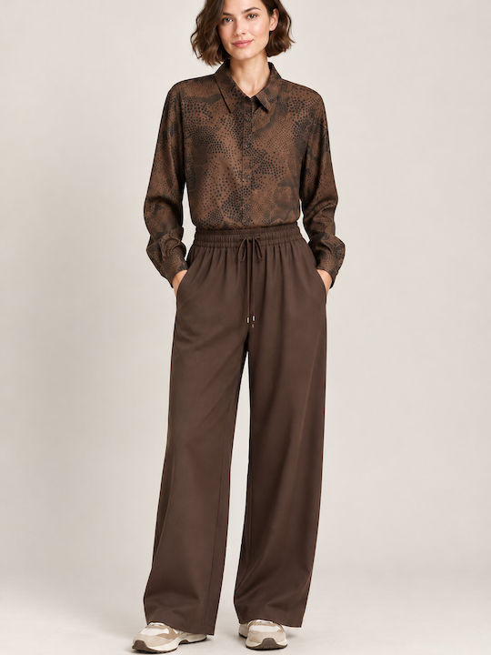 Women's High Waist Fabric Trousers Dark Brown