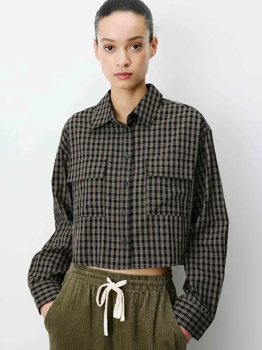 Long Sleeve Women's Cotton Shirt Black Checked