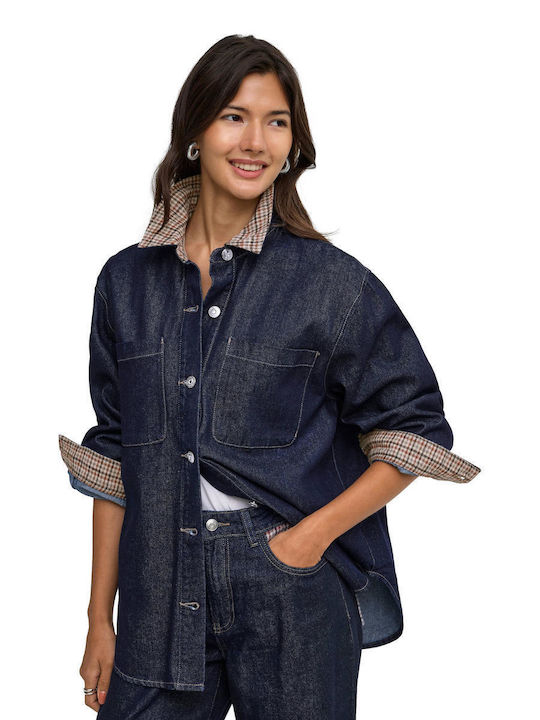 Langärmeliges Damen-Denim-Halbknopfhemd Blau Geprüft