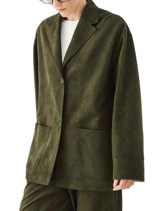 Access Long Women's Leather Blazer Khaki