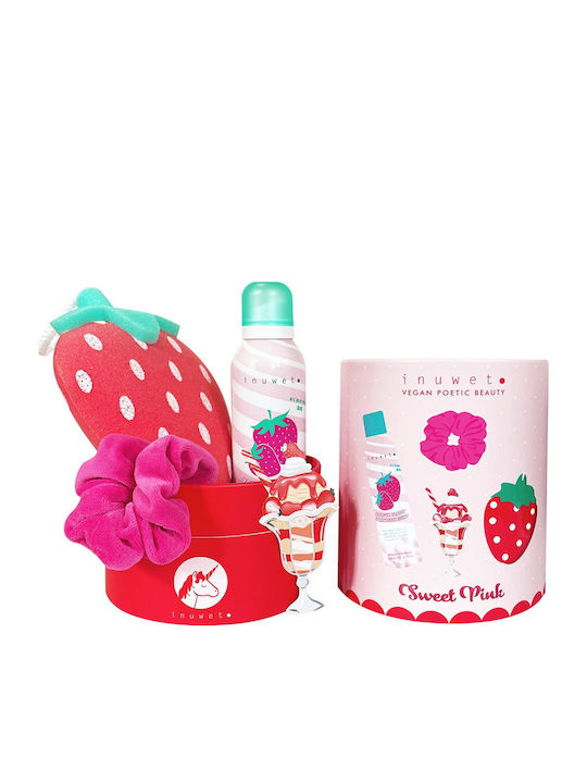 Inuwet Set Strawberry Cleansing & Moisturizing Shower Mousse 200 Ml + Scrunchy Hair Elastic + Strawberry Body Sponge + Strawberry Gift Sticker