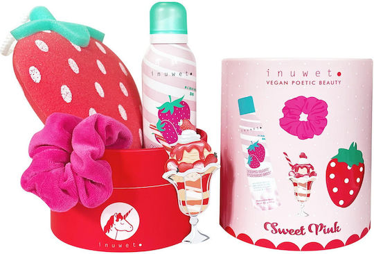 Inuwet Set Căpșuni Spumă de Duș Curățare și Hidratare 200 Ml + Elastic de Păr Scrunchy + Burete de Corp Căpșuni + Autocolant Cadou Căpșuni