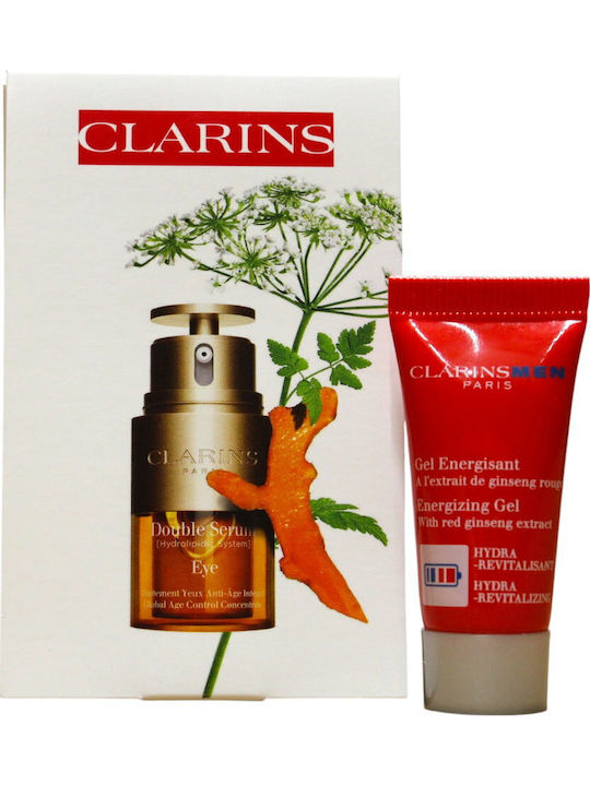 Clarins Set Men Energising Day & Night Gel Face 5 Ml *miniature + Double Eye Anti-ageing Eye Serum 3 Ml *miniature + Clarins Gwp Textile Pouch Blue