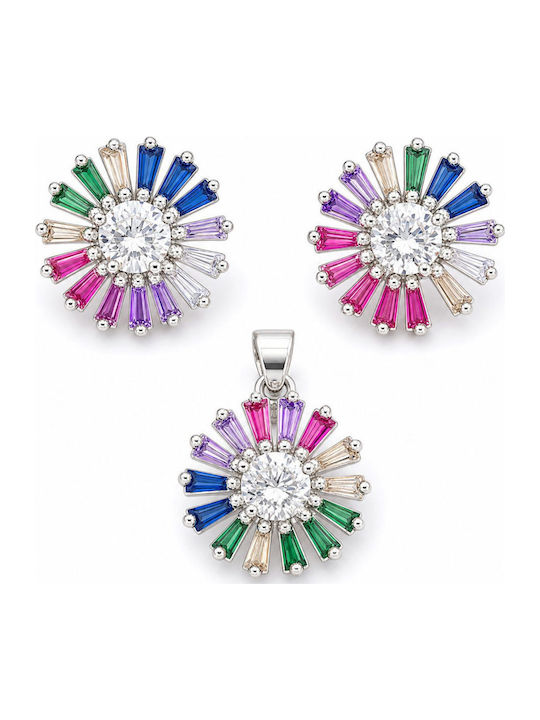 Set Bijuterii Pentru Femei Argint 925 Jolie Design Floare Multicoloră Alb Centru Petale Drepte 5.4 G Argint Multicolor